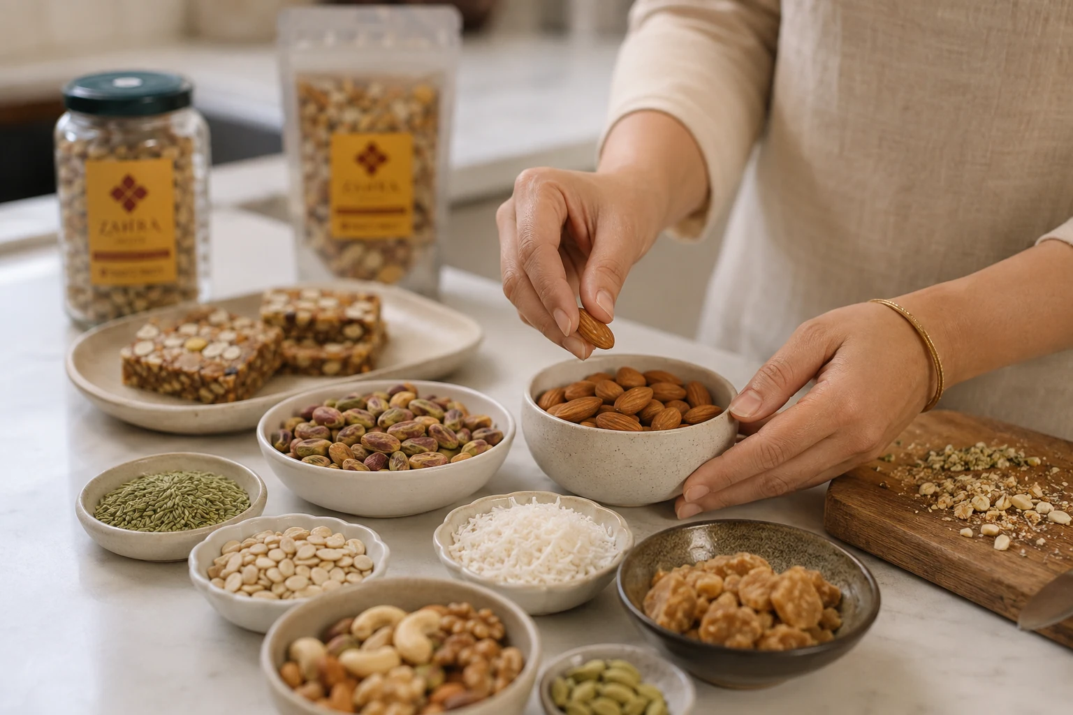 Almonds, pistachios and other ingredients being selected for Zahra Sweets