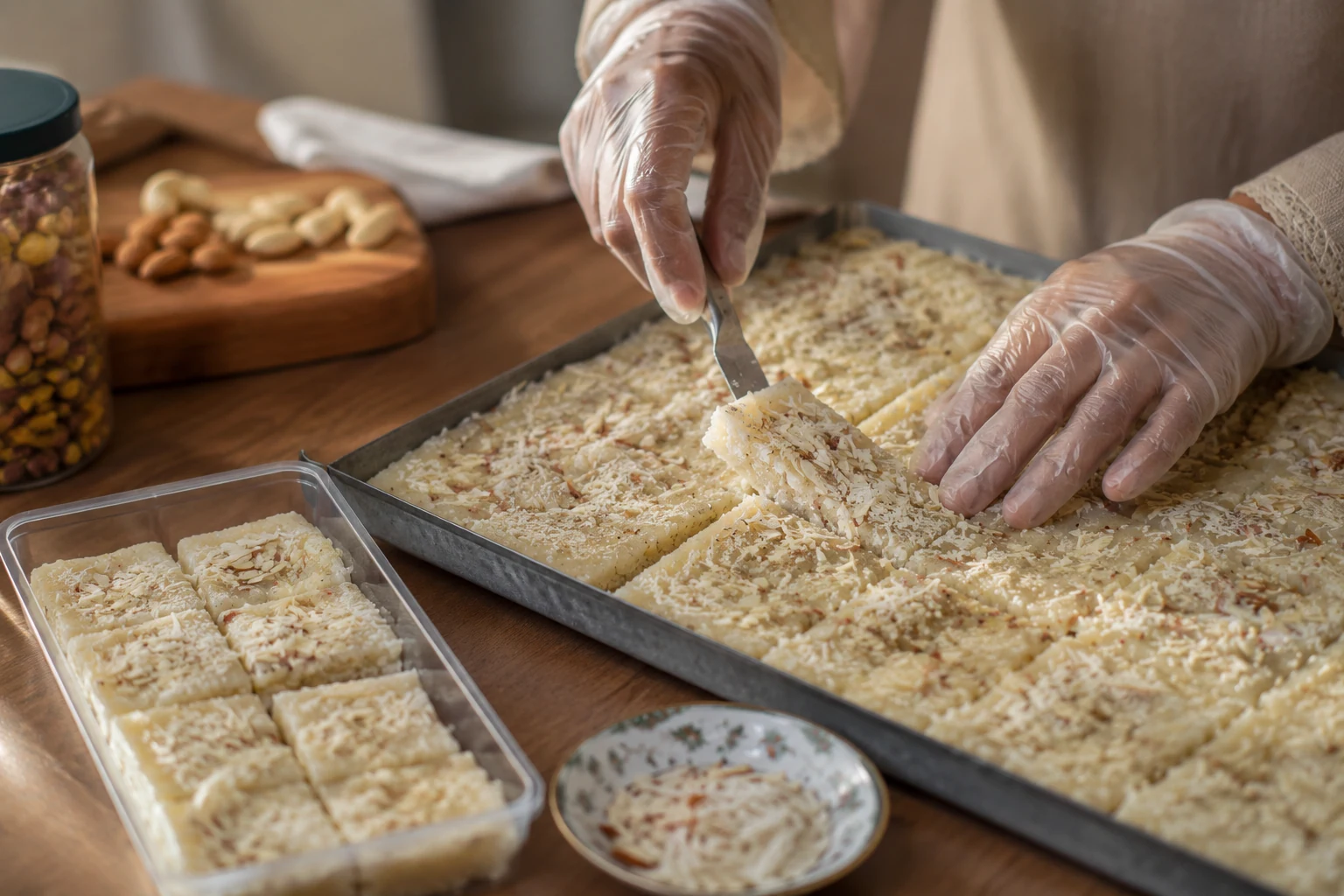 Freshly made sweets being portioned and packed by hand