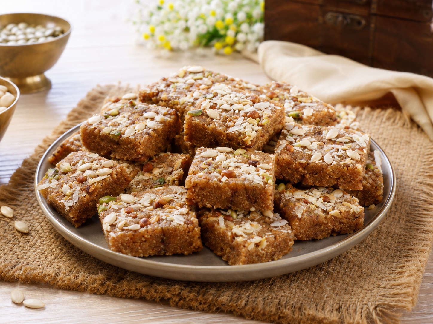 Handcrafted nut and coconut sweets arranged on a ceramic plate