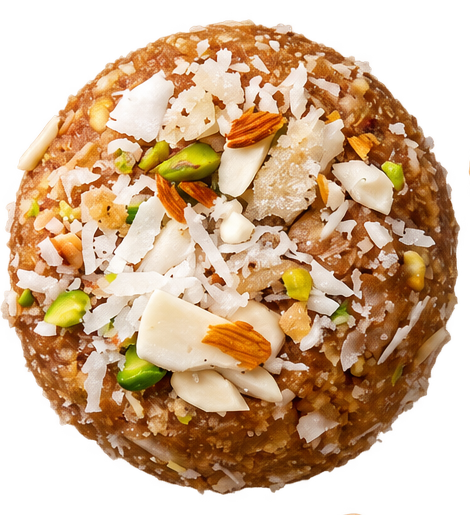 Hand-finished laddoo with coconut, almond and pistachio