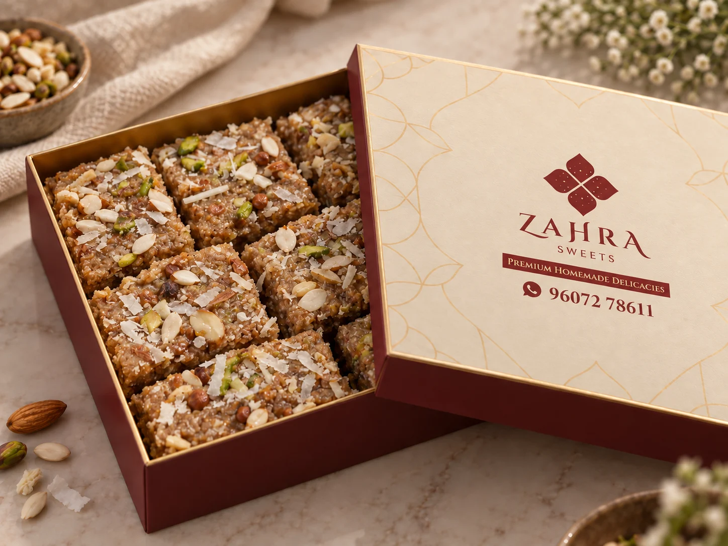 An open Zahra Sweets gift box filled with handcrafted sweets