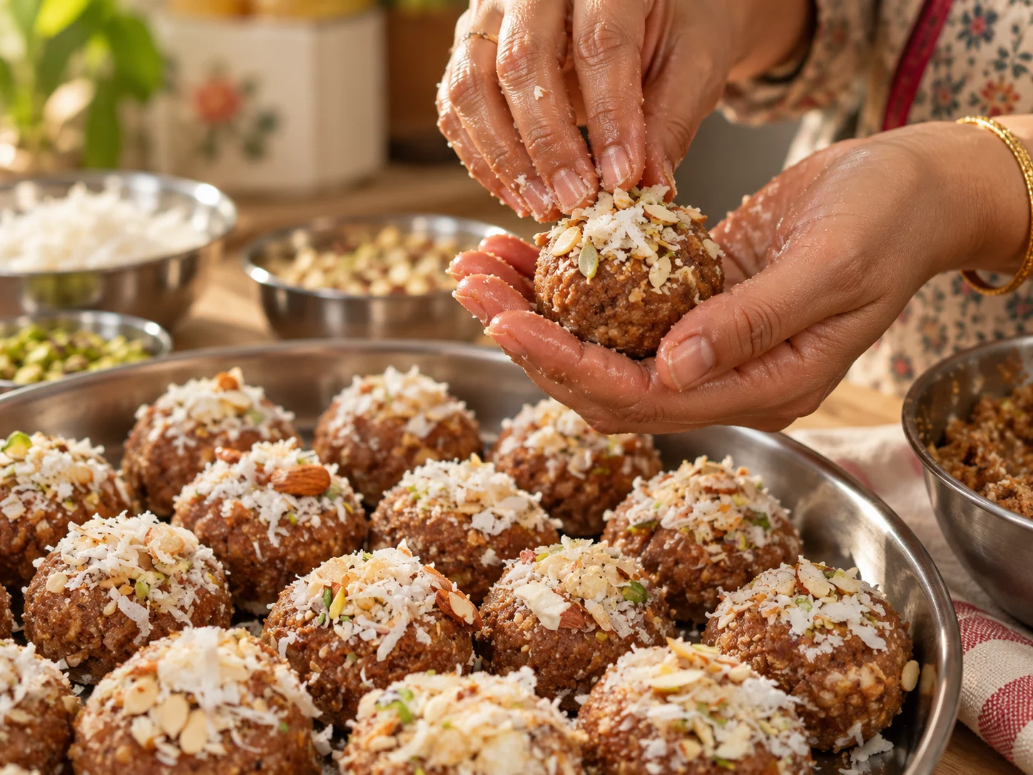 Hands carefully finishing a handcrafted Zahra laddoo