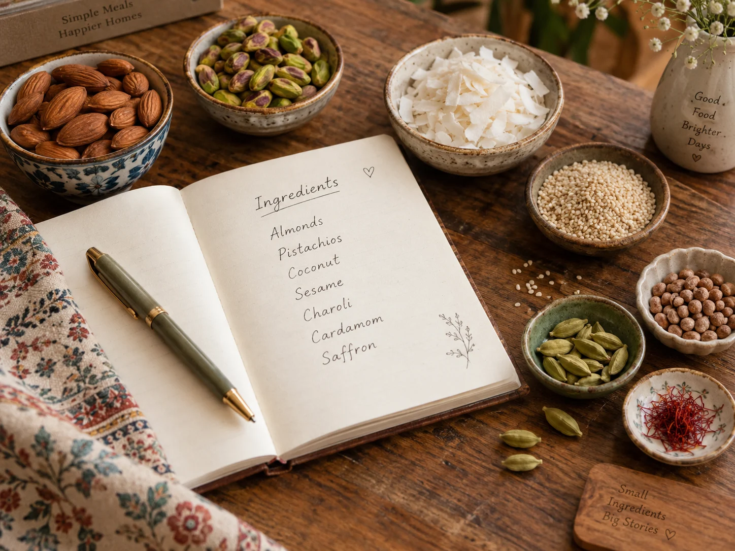 An ingredient notebook surrounded by almonds, pistachios, coconut and spices