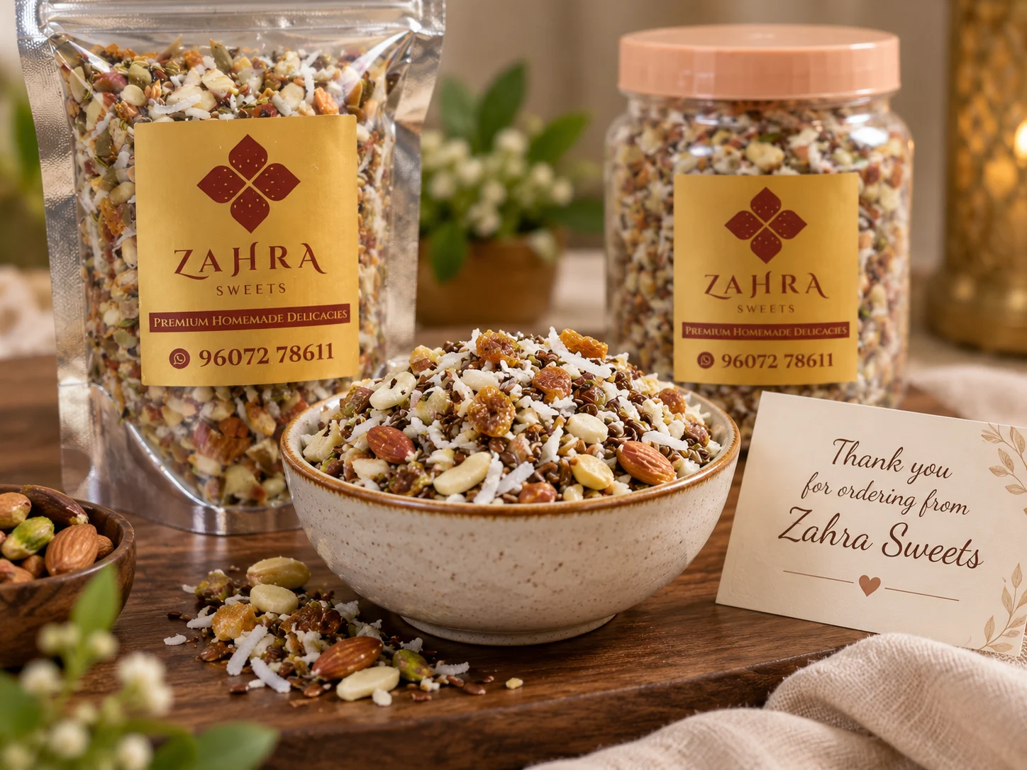 Zahra dry fruit Mukhwas in a pouch and jar, served in a bowl